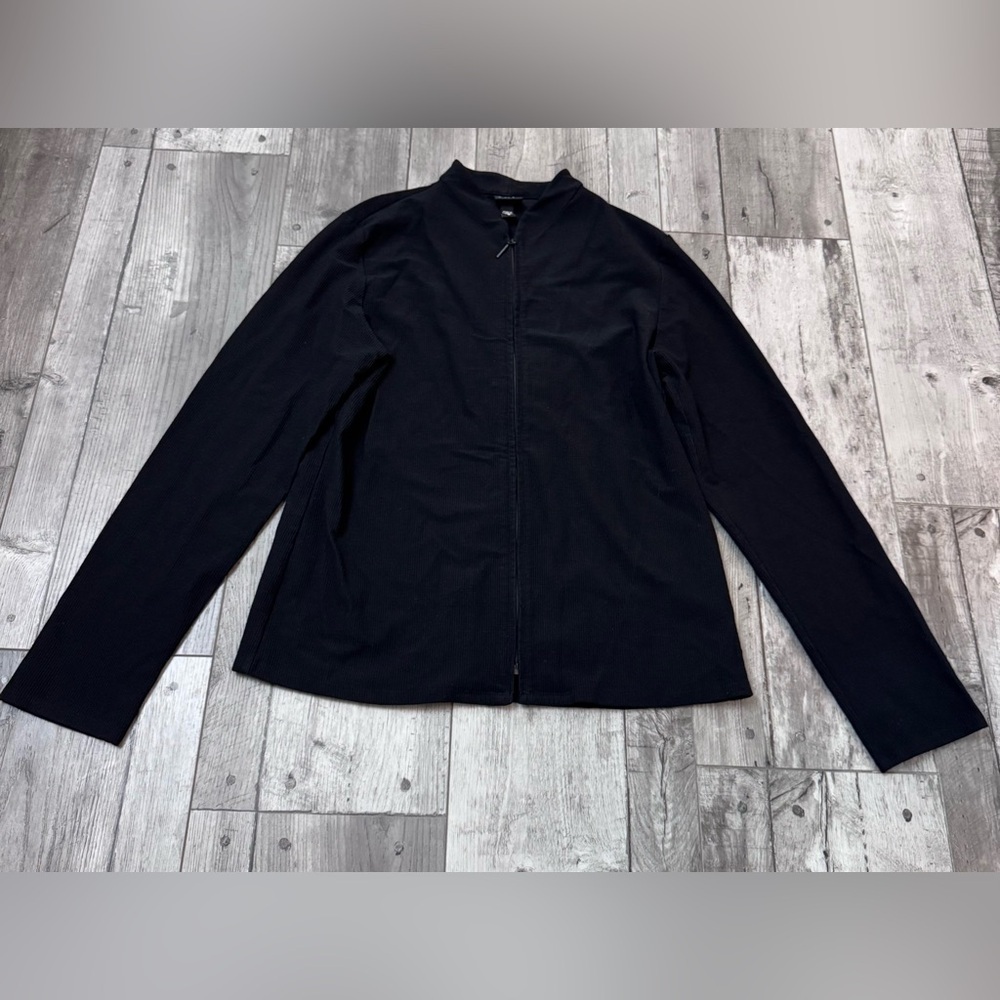 Eileen Fisher Jacket Womens Black Full Zip Stretch Knit Mock Neck Ribbed Medium